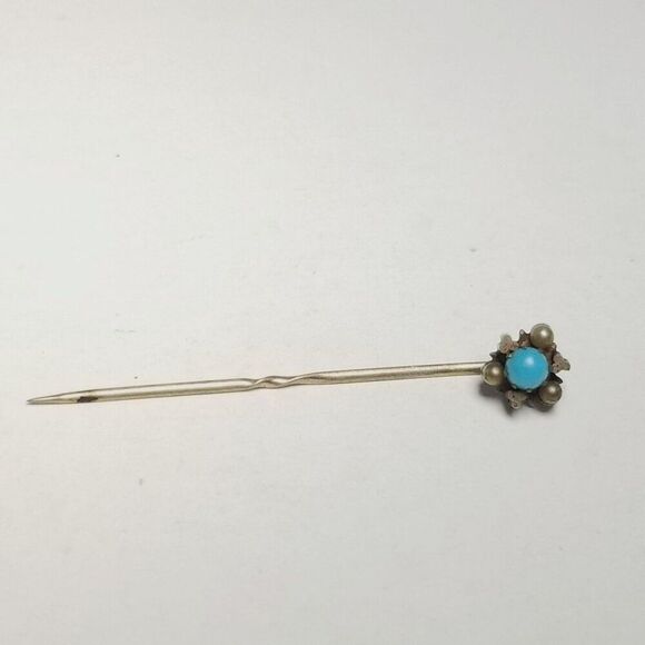 Vintage Blue Cabochon and Tiny Faux Pearls Stick Pin, Antique Victorian Style - Picture 2 of 7
